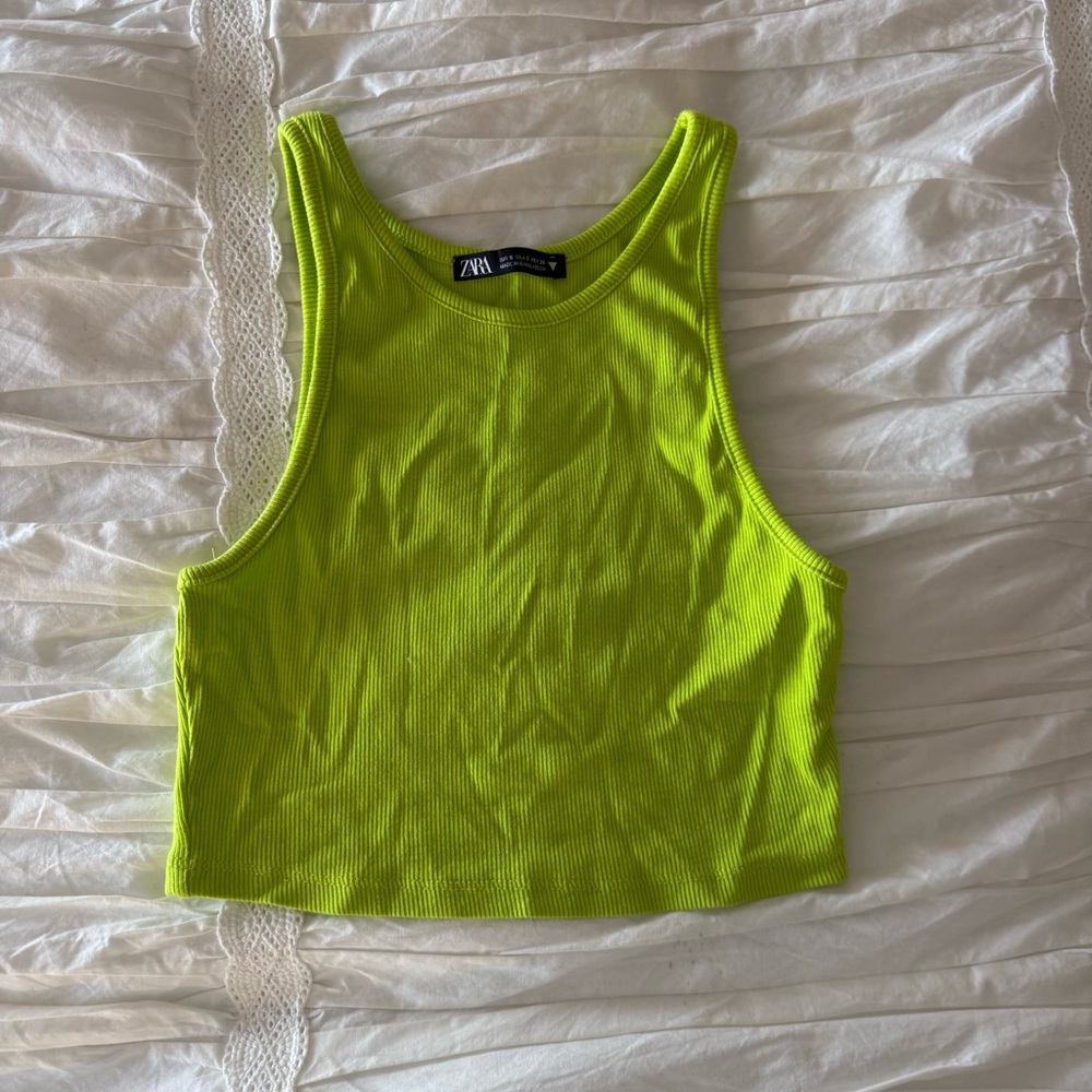 Zara Ribbed Neon Green Cropped Muscle Tank